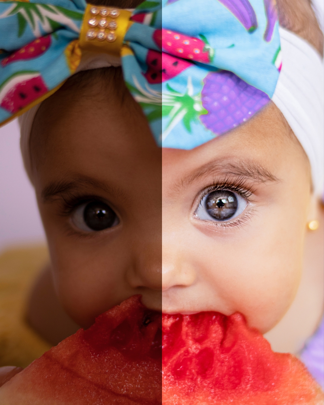 Comparação de antes e depois da pós-produção fotográfica em retrato de bebê comendo melancia, destacando melhorias na iluminação, cores e nitidez.