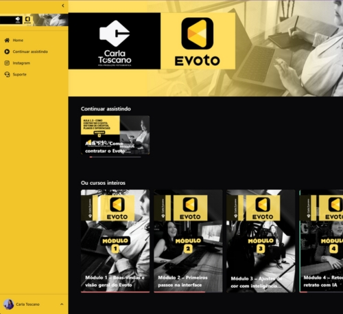Plataforma do curso evoto com carla toscano mostrando módulos de edição de fotos com ia
