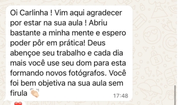 Depoimento de aluna agradecendo aula objetiva do curso evoto com carla toscano