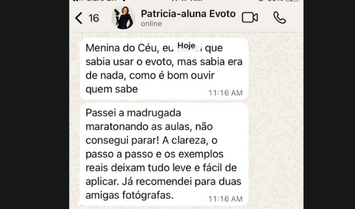 Depoimento de aluna elogiando clareza e praticidade do curso evoto