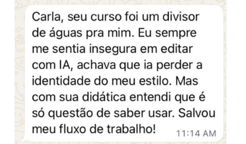 Depoimento de aluna relatando que o curso evoto foi um divisor de águas na edição com ia